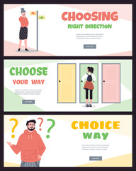 Set of web banner templates where people choose wrong, right direction, flat style
