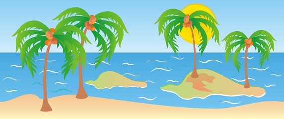 Fototapeta na wymiar Tropical landscape, sea with islands and palm trees, sun, vector illustration, texture