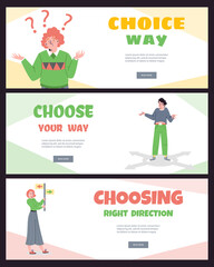 Set of web banner templates where people choose way, direction in flat cartoon style