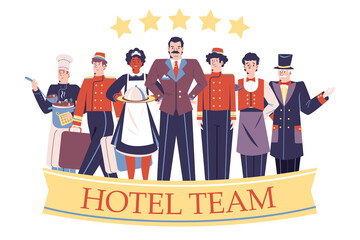 Hotel background composition with staff in uniform in flat cartoon with text