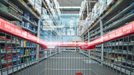 View from a shopping cart in modern supermarket with price and products list. Family budget app, application online.