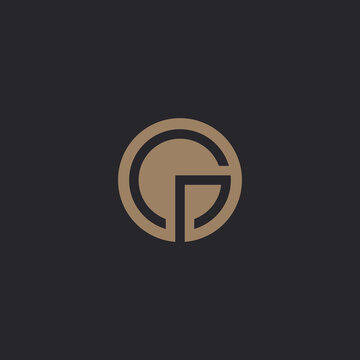 Initial letter GP, PG circle art logo template, gold color on black background.