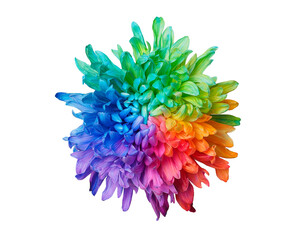 One colored chrysanthemum on white background, top view, isolated. Chrysanthemum is painted in rainbow colors. Set 1 of 5.