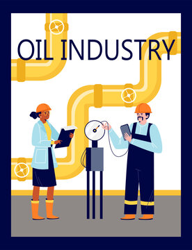 Banner with oil industry or fuel factory engineers, flat vector illustration.