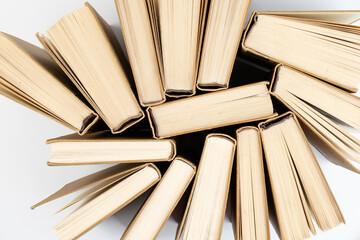 Obraz premium Old hardback books background. Top view. education background. Back to school. Copy space for text.