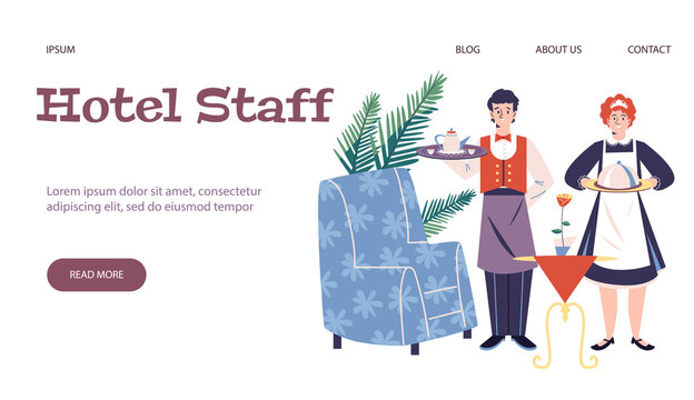 Hotel staff web page mockup with male and female characters of waiter and maid, flat vector illustration isolated on white background. Hotel personnel hiring
