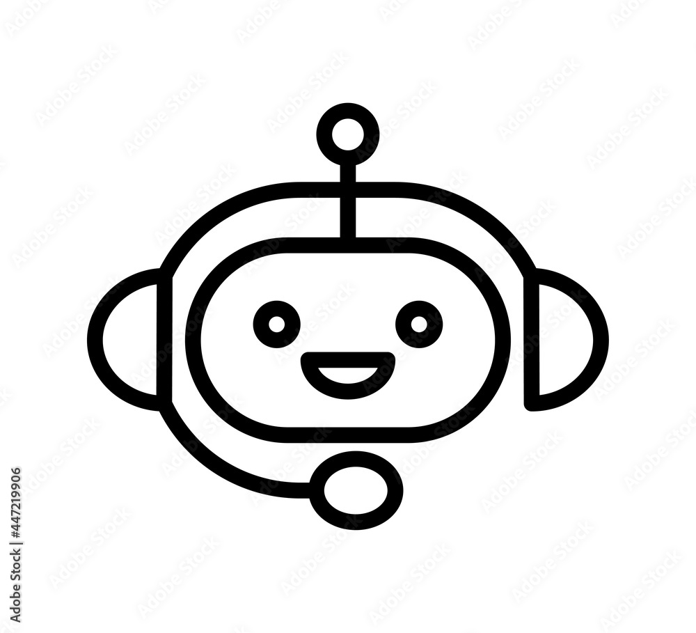 Wall mural chatbot linear icon. support bot. cute smiling robot with headset. the symbol of an instant response