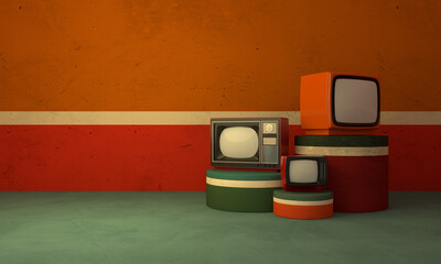 3 retro television in the retro room with old graphic