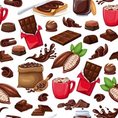 Chocolate seamless pattern, vector illustration. Background with candy, Cocoa Beans, Chips, Chocolate Bar, spred and ets for confectionery products shop.