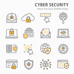 Cyber security icon set. Collection of antivirus firewall, verification, digital key and more. Vector illustration. Editable Stroke.