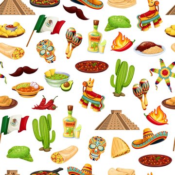 Mexico carnival Cinco de mayo seamless pattern, vector illustration. Background with Mexican cuisine, traditional holiday fiesta food. Pinata, burrito, fajitas, cactus, sombrero, flag and ets