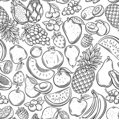 Fruits and berries outline seamless pattern. Background with drawn monochrome raspberry, avocado, grape, peach, whole, half, cherry, mango, slice of watermelon. tangerine, lemon, apricot and ets