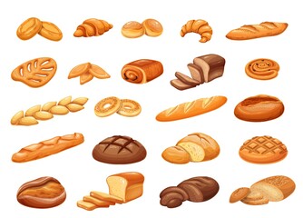 French bread bakery product set, colored vector illustration. Bake roll, pastry and slices breads. Tabatiere, epi baguette, bagel, pain au levain, petits pains and ets.