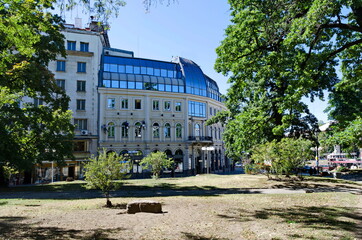 Obraz premium Construction workers working high on a wall in multi-storey building, Sofia, Bulgaria 