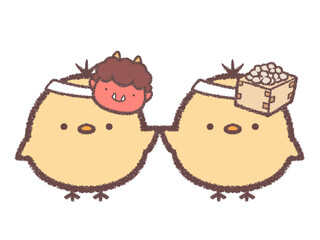 節分のお面をかぶるヒヨコたち2 © kino