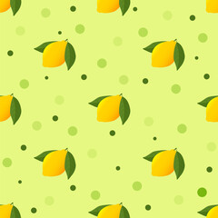 Seamless pattern with Bright yellow lemon and leaves on green background.