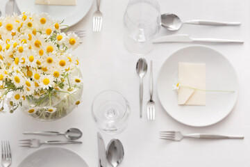 Stylish table setting and chamomile flowers on light background