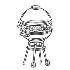 BBQ grill with and steak icon outline vector icon, drawing monochrome illustration. Round kettle barbecue grill.