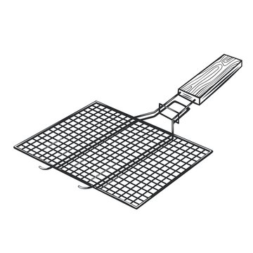 BBQ Grill Grid Barbecue Outline Vector Icon, Drawing Monochrome Illustration. Manual Grill Grate With Wooden Handle