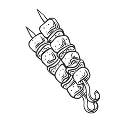 Grilled doner meat kebab on skewers stick icon. Barbecue outline vector icon, drawing monochrome illustration.