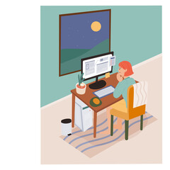 work from home. A woman is working at her computer and the moon is outside her window. flat design style minimal vector illustration.