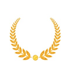 Golden laurel. First place winner, golden award, laurus. Isolated vector icon of golden triumph first place cartoon style.