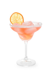 Glass of Hemingway daiquiri cocktail on white background