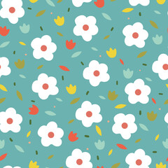 Seamless pattern with cute cartoon flowers and leaves for fabric print, textile, gift wrapping paper. colorful vector for textile, flat style