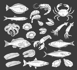 Seafood icon set, white on black. Glyph monochrome herring squid, octopus, salmon, halibut oysters and scallops. Engraved vector illustration of lobster, red perch ,crab, tuna, shellfish and mussels.