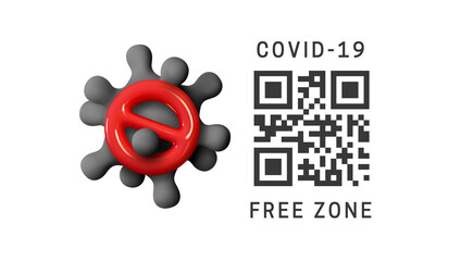 Covid Free zone is system for checking, monitoring and recording QR codes for presence and validity of the COVID-19 vaccination. Coronavirus restriction. Realistic 3d viral cells. Vector illustration