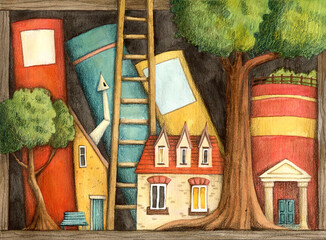 Book shelf with houses and trees. Hand drawn colored pencils illustration.