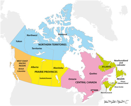 Vector Map Of The Five Geographic Regions Of Canada