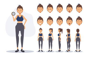 Fototapeta premium Character of a woman wear exercise cloth in various views,Flat vector 2D Cartoon character illustration.