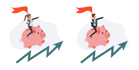 Business concept.profit concept. Business people is riding on piggy bank upper moving up arrow line.Flat vector cartoon character illustration.