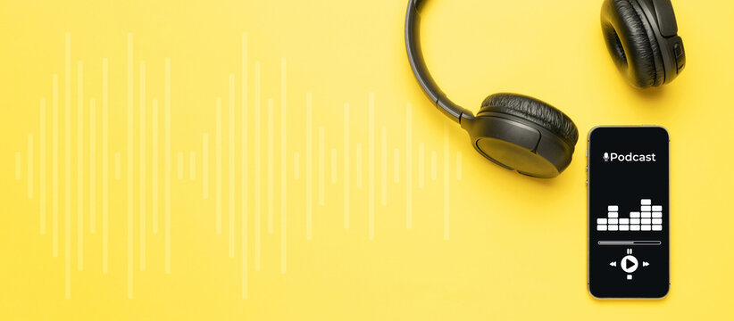 Podcast icon. Audio equipment with microphone, sound headphones, podcast application on mobile smartphone screen. Radio recording sound voice on yellow background. Broadcast media music concept.