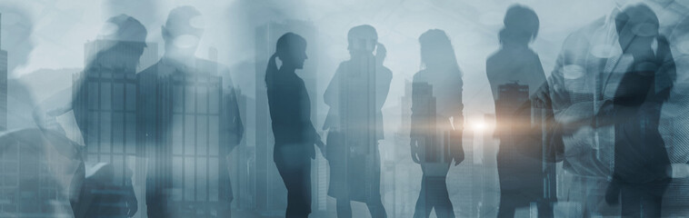 Several silhouettes of businesspeople interacting background business center. double exposure