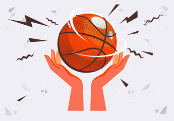 Vector illustration of two hands holding a basketball ball on their palms