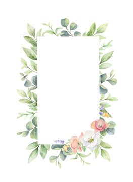Watercolor vector frame of green branches and wildflowers.