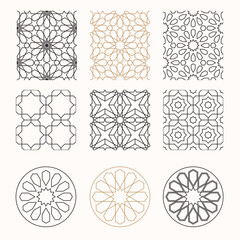 Set of oriental geometric background. Seamless pattern and circle design elements. Vector illustration