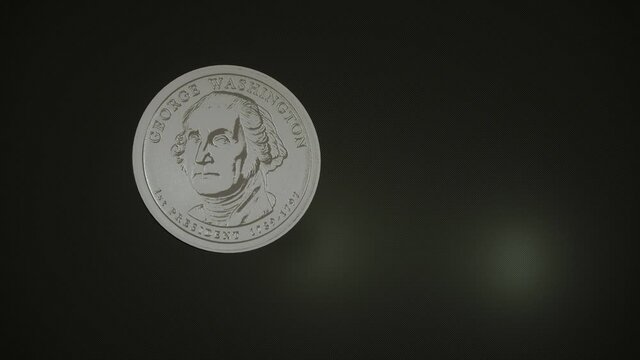 Spinning one dollar coin in slow motion, 3d animation