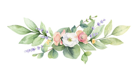 Watercolor vector wreath of green branches and wildflowers.