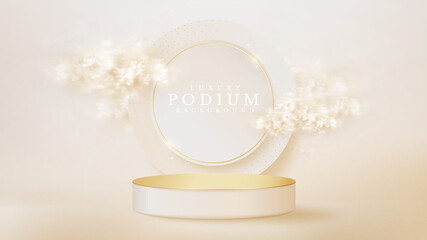 White display podium with circle and cloud element on back scene, Realistic luxury background concept, Empty space for placing text and products for promotion. 3d vector illustration.