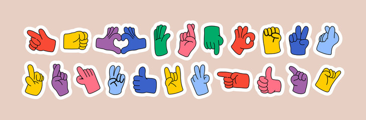 Cartoon hands abstract drawn comic. Set of Hand multicolored different signs and symbols. Drawing style. Vector illustration