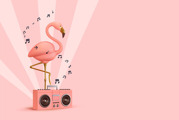 Pink flamingo with Music player. Realistic 3d design of objects. Musical summer concept background. Vector illustration - obrazy, fototapety, plakaty