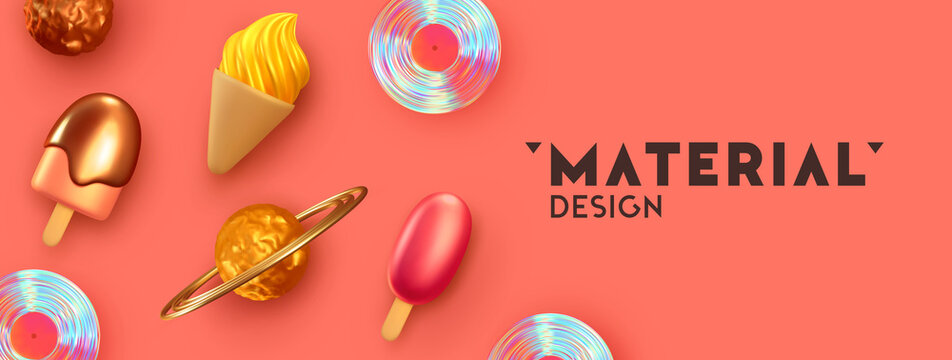 Horizontal pink banner, header for social media and website. Realistic 3d design of objects. Poster template, summer background with ice cream. Vector illustration