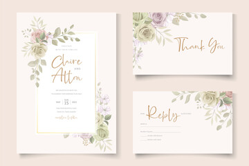 Fototapeta na wymiar Beautiful soft floral and leaves wedding invitation card design
