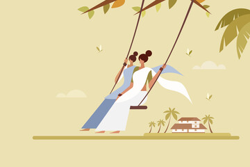 Women wearing traditional dress swinging in outdoor. Concept for Onam festival of Kerala, India