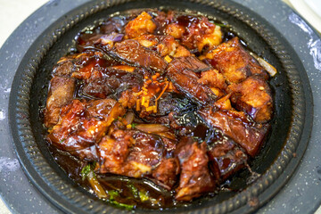 A delicious Chinese dish, meat patties with eggplant in braised sauce