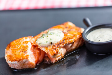 Salmon steak with sauce