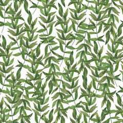 Green leaves in randomly arranged order seamless floral pattern hand drawn botanical watercolor illustration, simple greenery ornament for textile, gift paper, eco-friendly holiday  or home decor